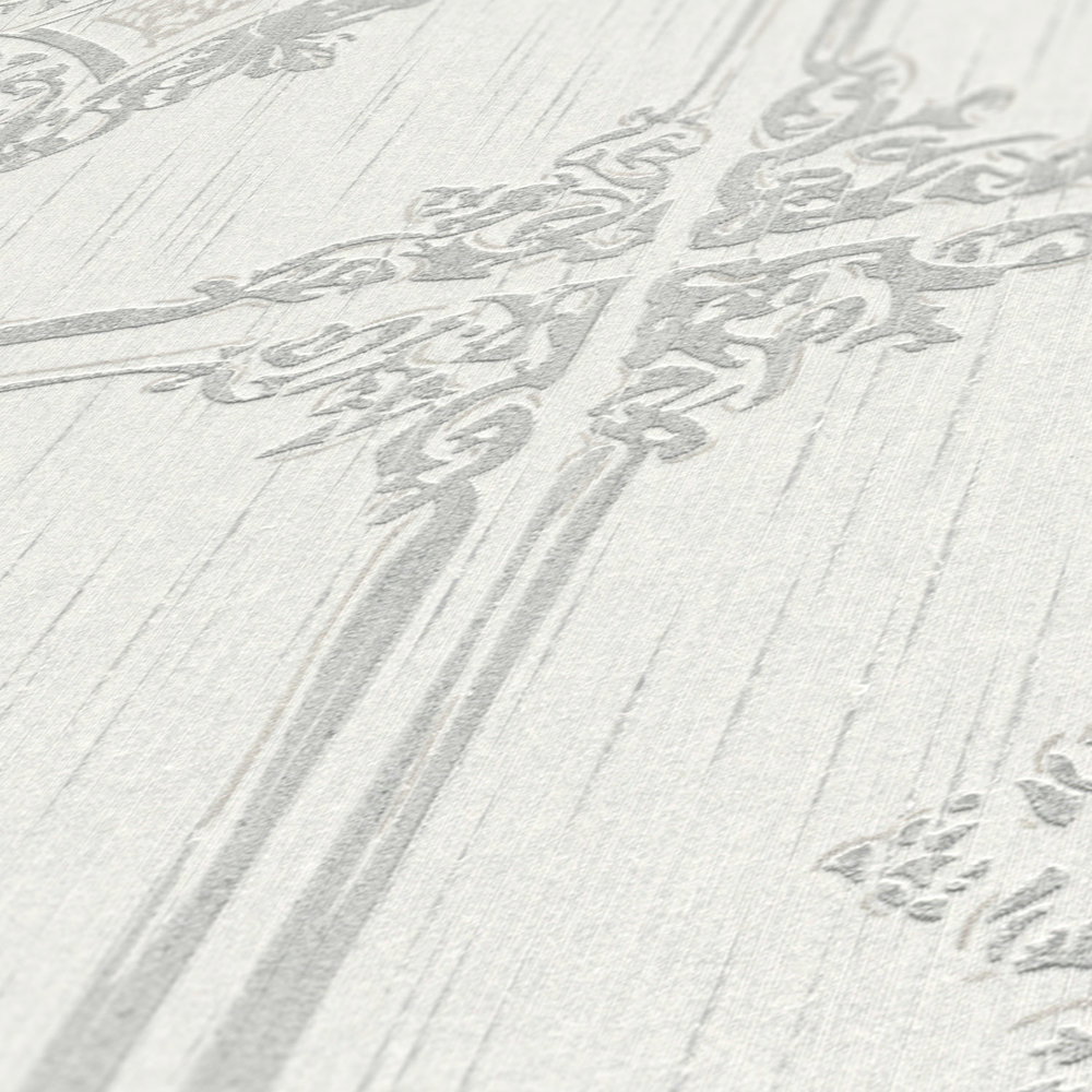             Tapete Vintage Stuck Design mit Ornament Kassetten – Grau, Weiß
        