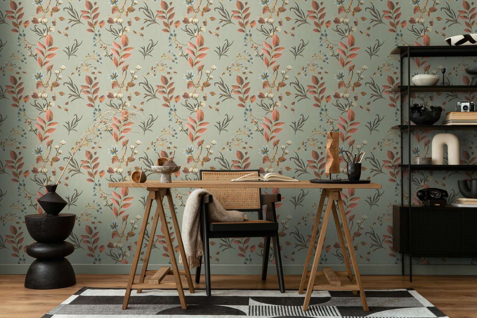             Romantic floral non-woven wallpaper with filigree leaf design, fine surface texture - grey, orange
        