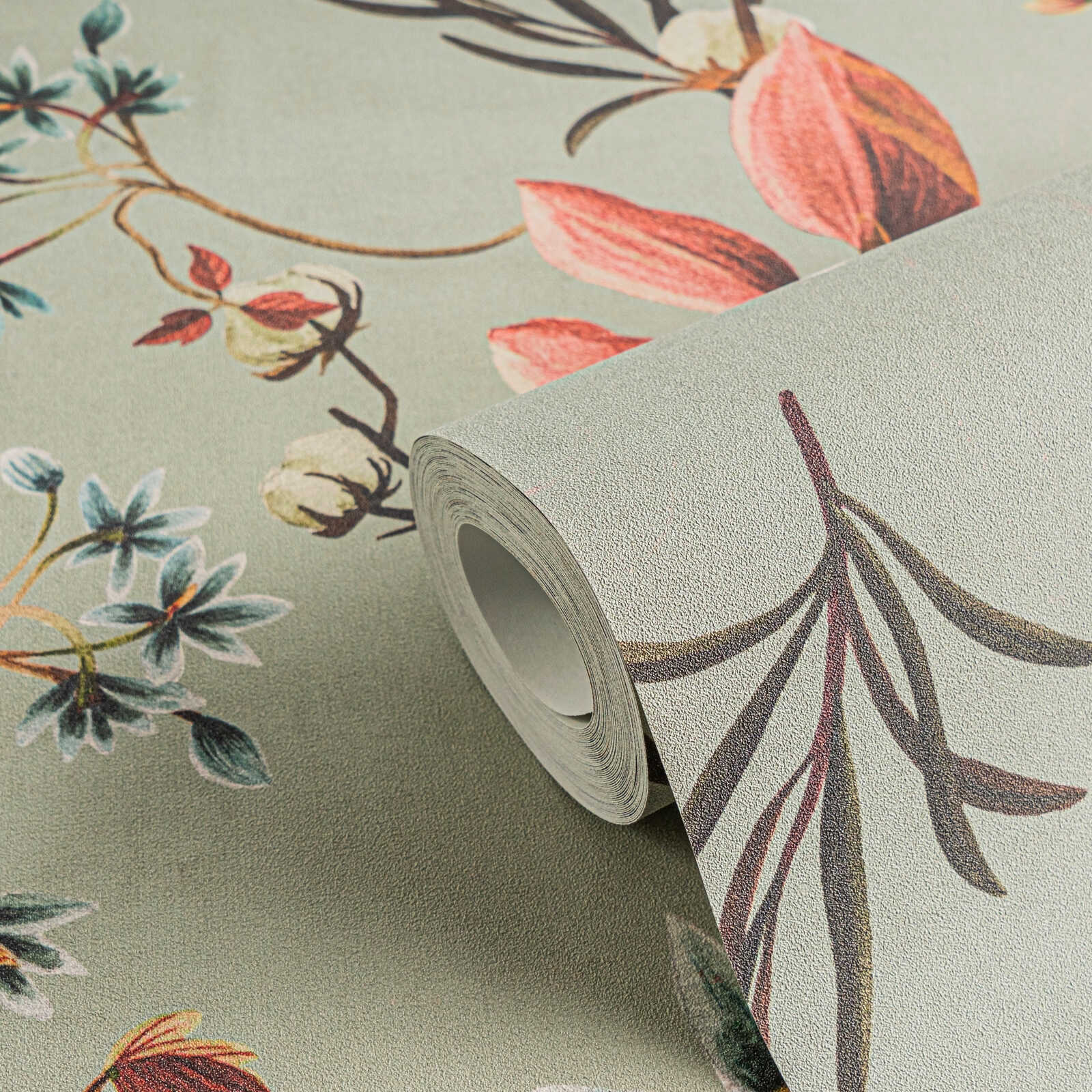             Romantic floral non-woven wallpaper with filigree leaf design, fine surface texture - grey, orange
        