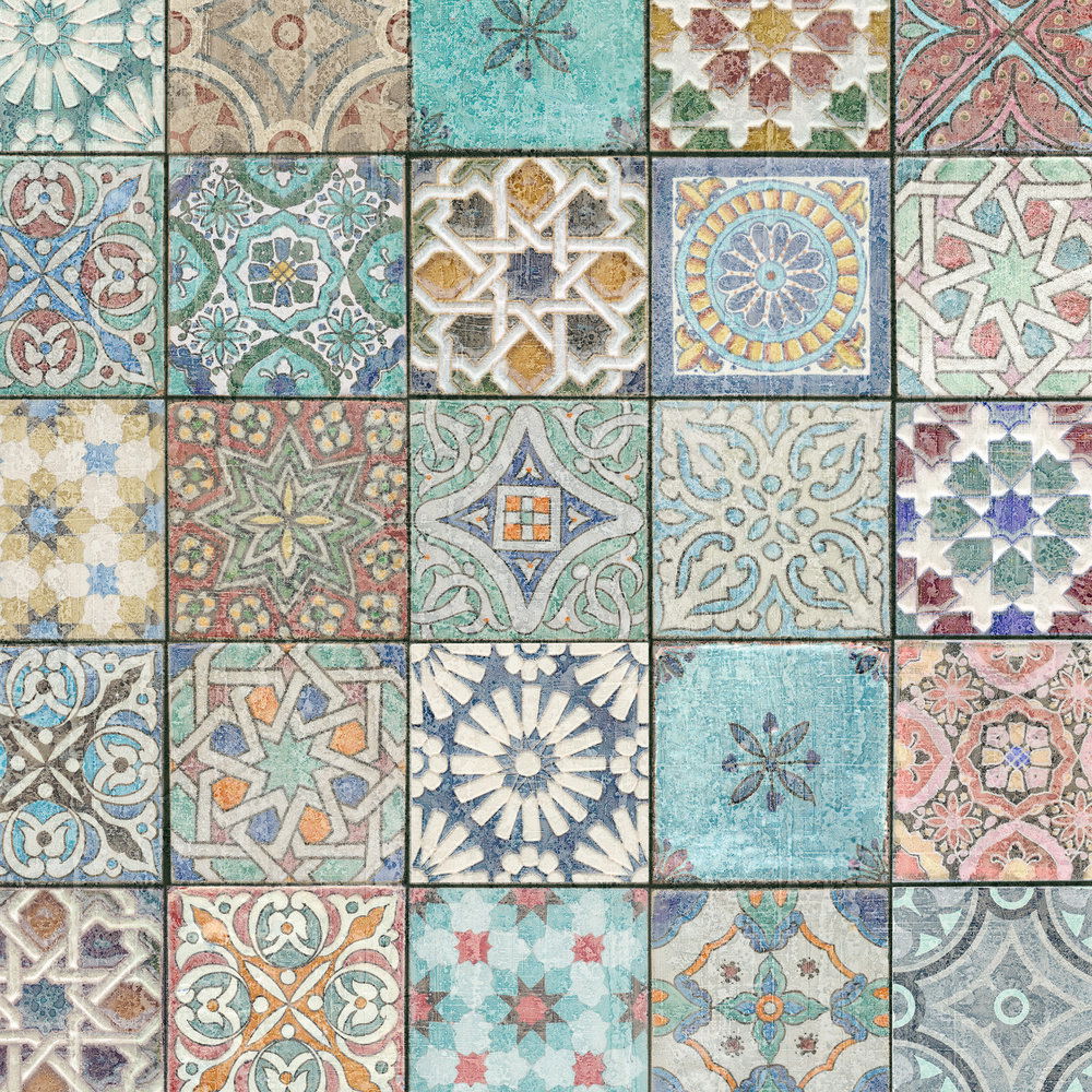             Orientalische Fototapete – Vliestapete in 3D Optik mit ornamentaler Fliesenoptik – Bunt, Beige
        