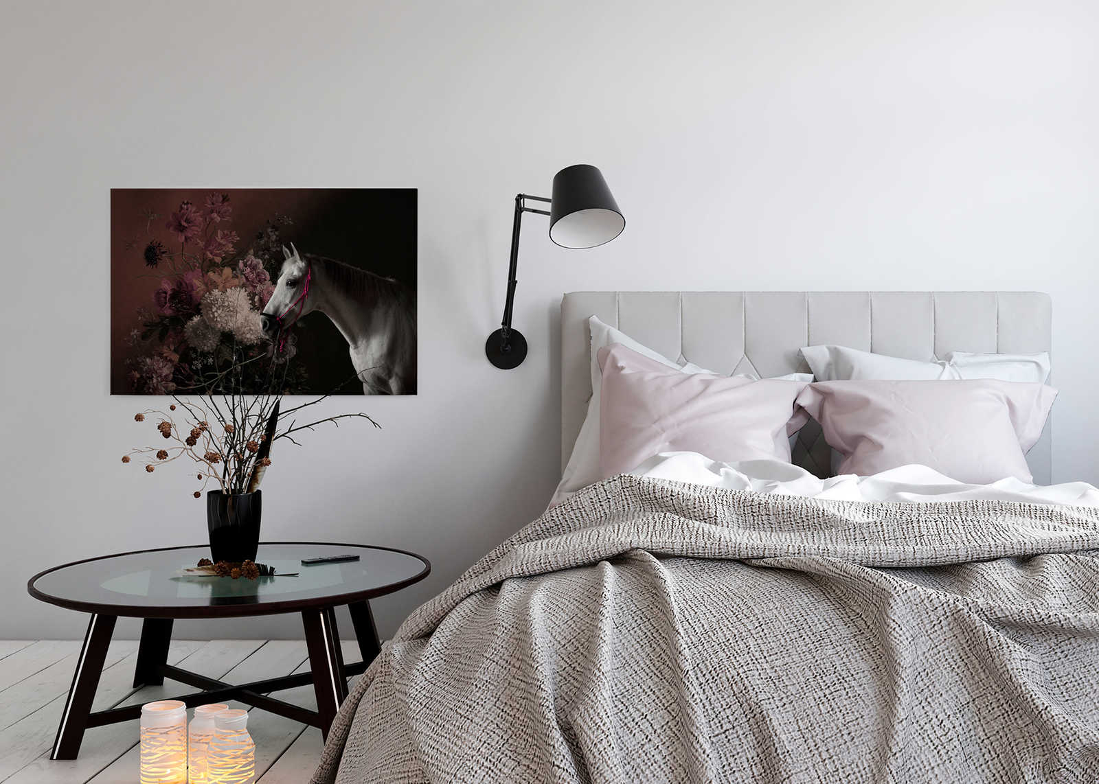             Leinwandbild Pferde Portrait mit Blumen – 0,90 m x 0,60 m
        