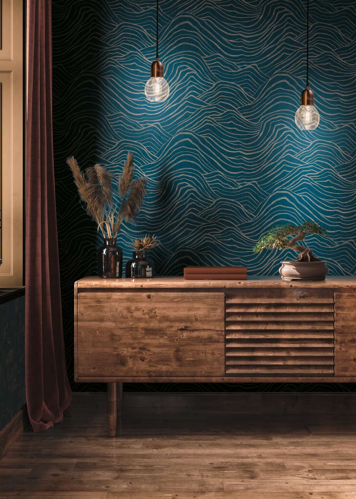             Tapete mit abstraktem Hügel Muster– Dunkelblau, Gold
        