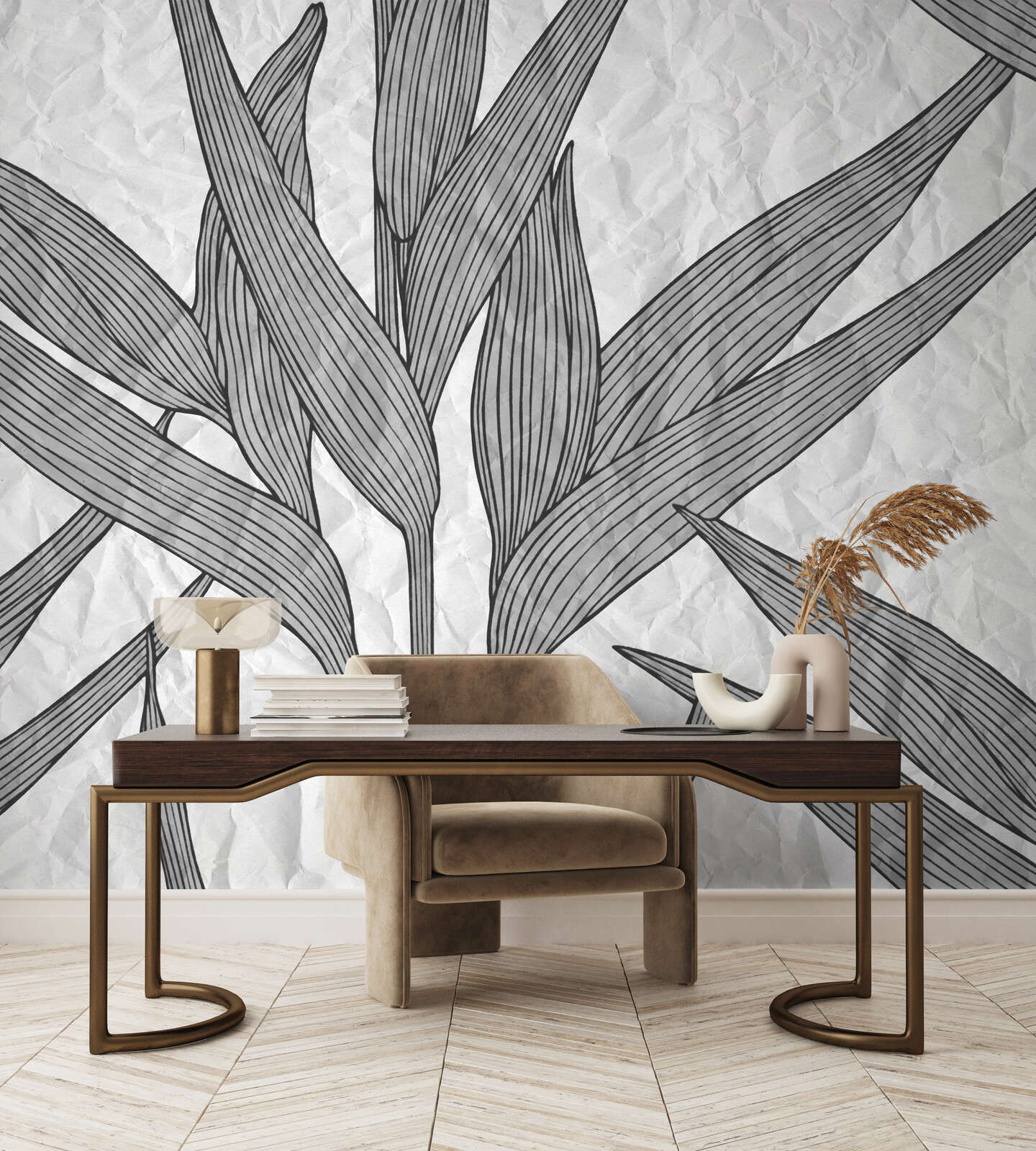 Schreibtisch, Holztisch, gesteppter Stuhl, Wandmural, Dekorvase