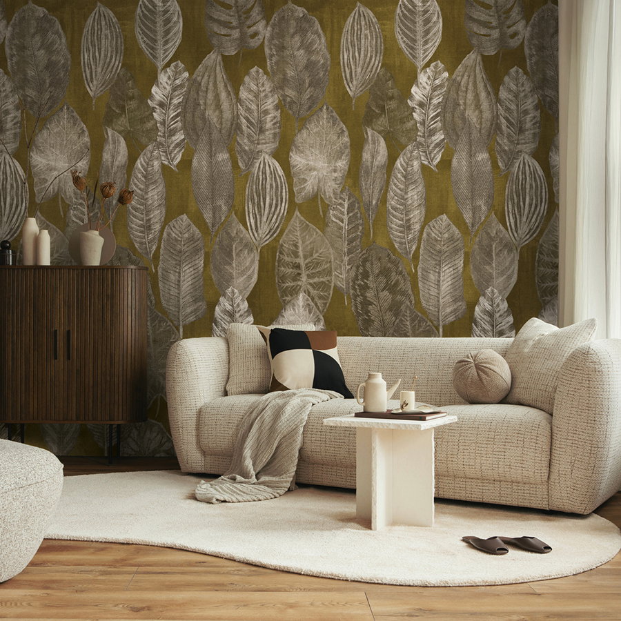 Wohnzimmer, Wandtapete, Blättermuster, Sofa, Naturtöne
