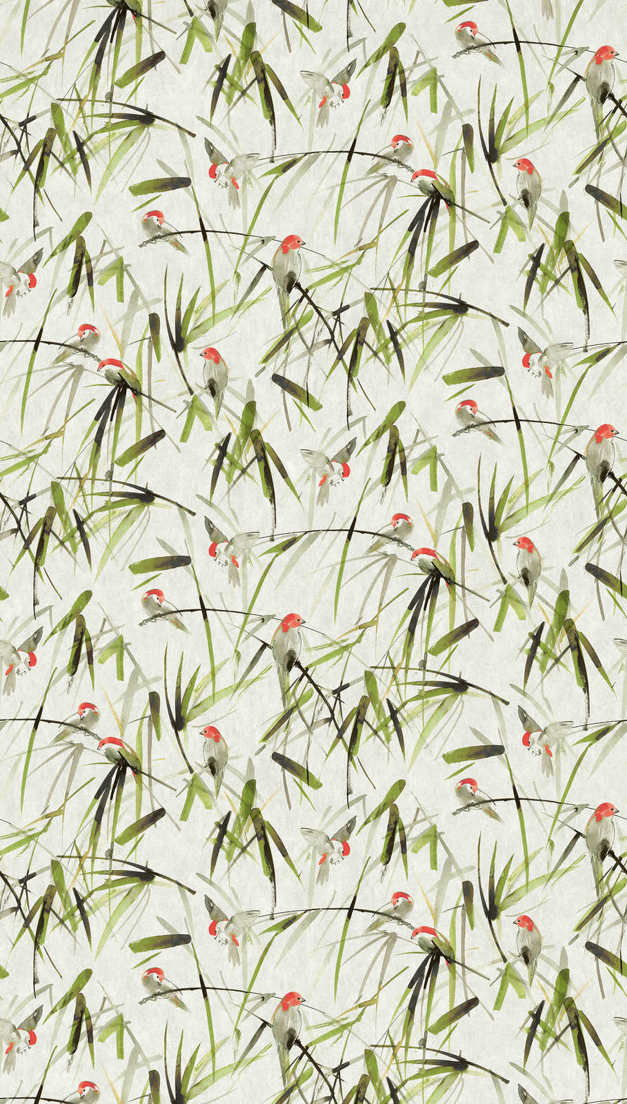             Vliestapete Blätter mit Vögeln auf hellem Hintergrund – Beige, Grün, Schwarz
        