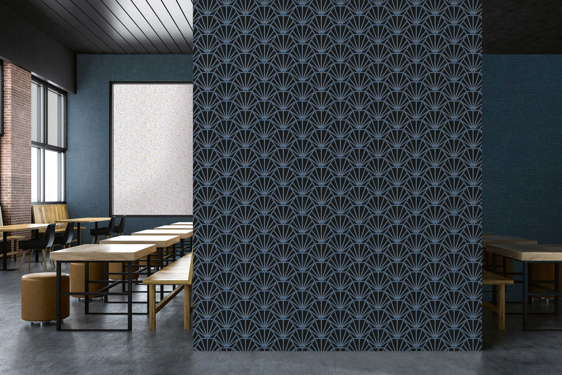             Art Déco Tapete gemustert im Retro Look – Schwarz, Blau, Weiß
        
