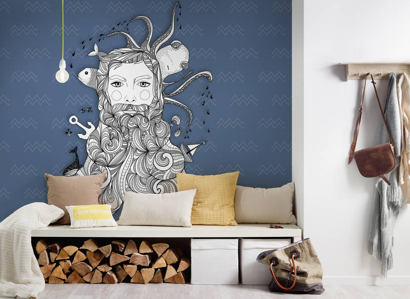 Wandtattoo, Seelenfreund, Unterwassermotiv, Beard/Octopus, Blaues Wandbild