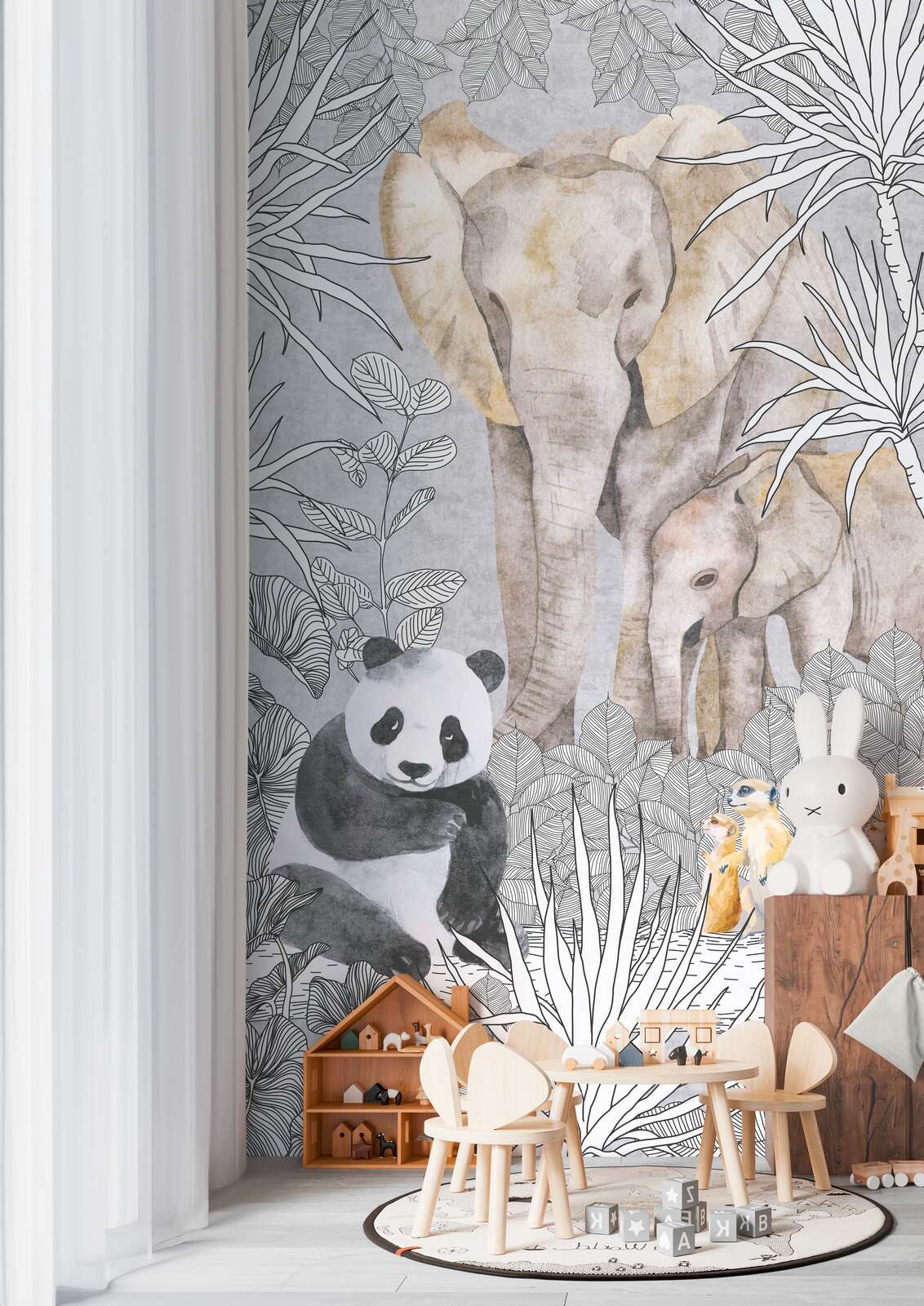             Safari-Freunde Vliestapeten Panel 159cm Breite x 280cm Höhe – Elefanten, Pandas und Erdmännchen in harmonischen Farben, glatte Oberfläche – Beige, Grau, Schwarz
        