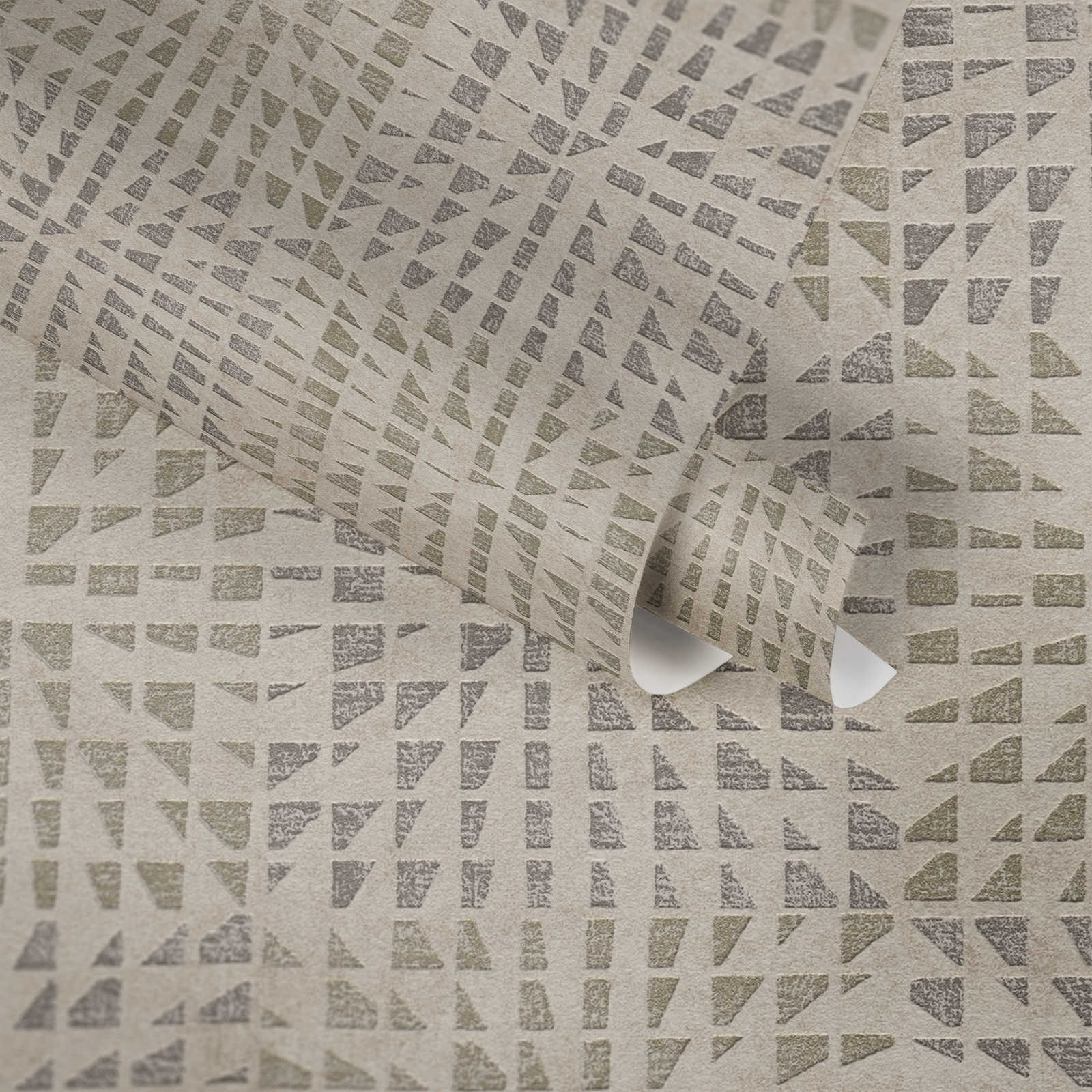             Ethno Tapete mit Strukturmuster & Mosaik-Effekt – Grau, Beige
        