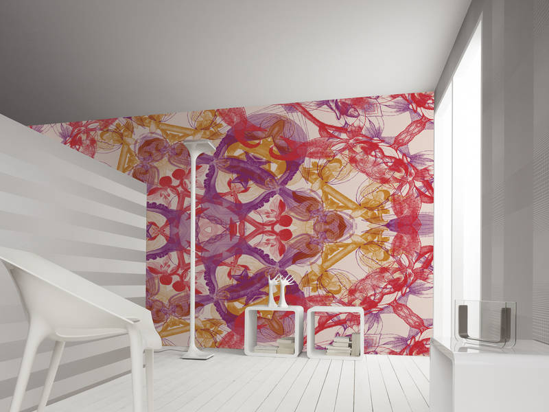 abstracte Tapete, blumiges Muster, buntes Wanddesign, modernes Interieur, musternde Wand