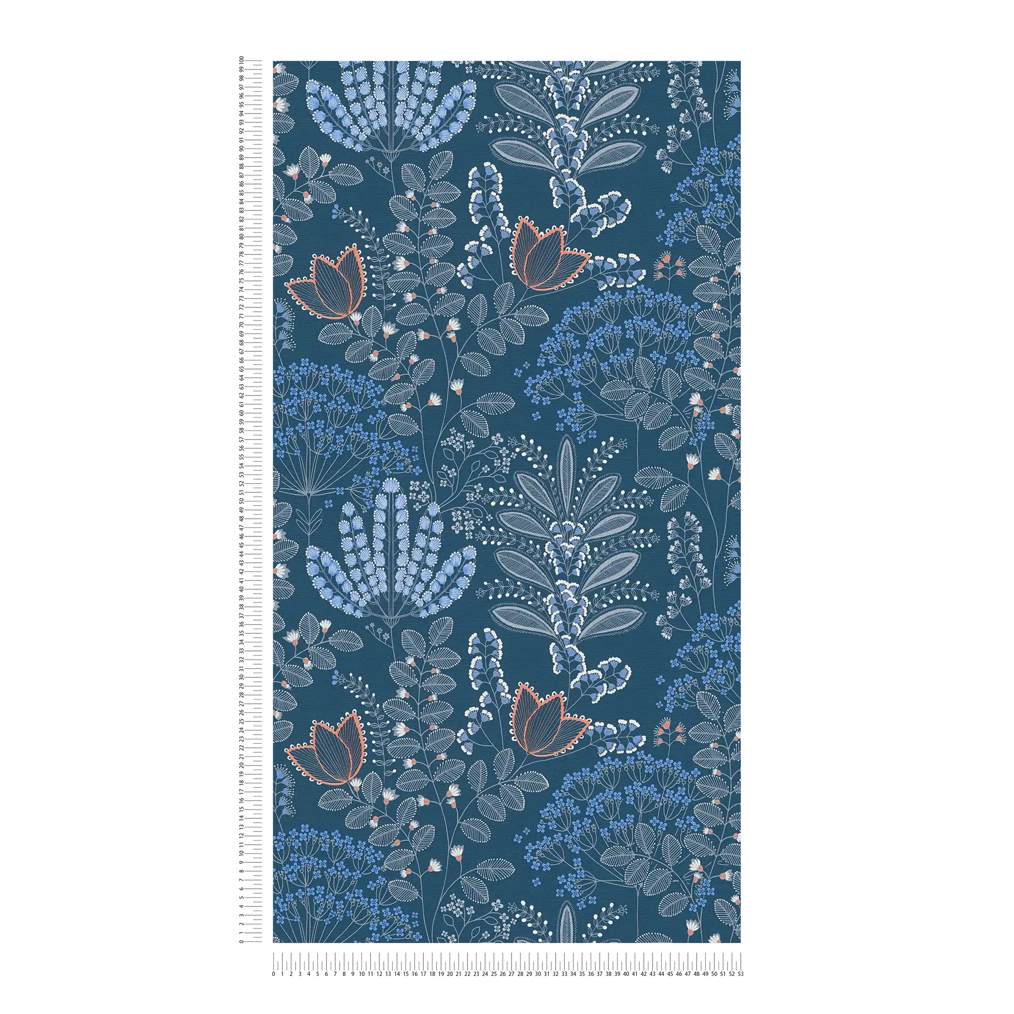 Vliestapete floral mit Blättern im Retro-Look leicht strukturiert, matt – Blau, Weiß, Grau