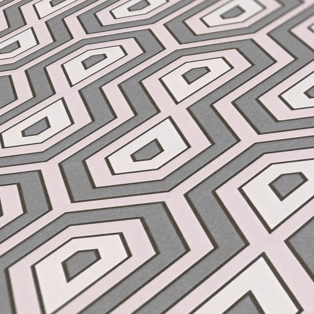 Tapete Metallic Retro Muster mit 70er Grafik Design – Rosa, Grau, Weiß