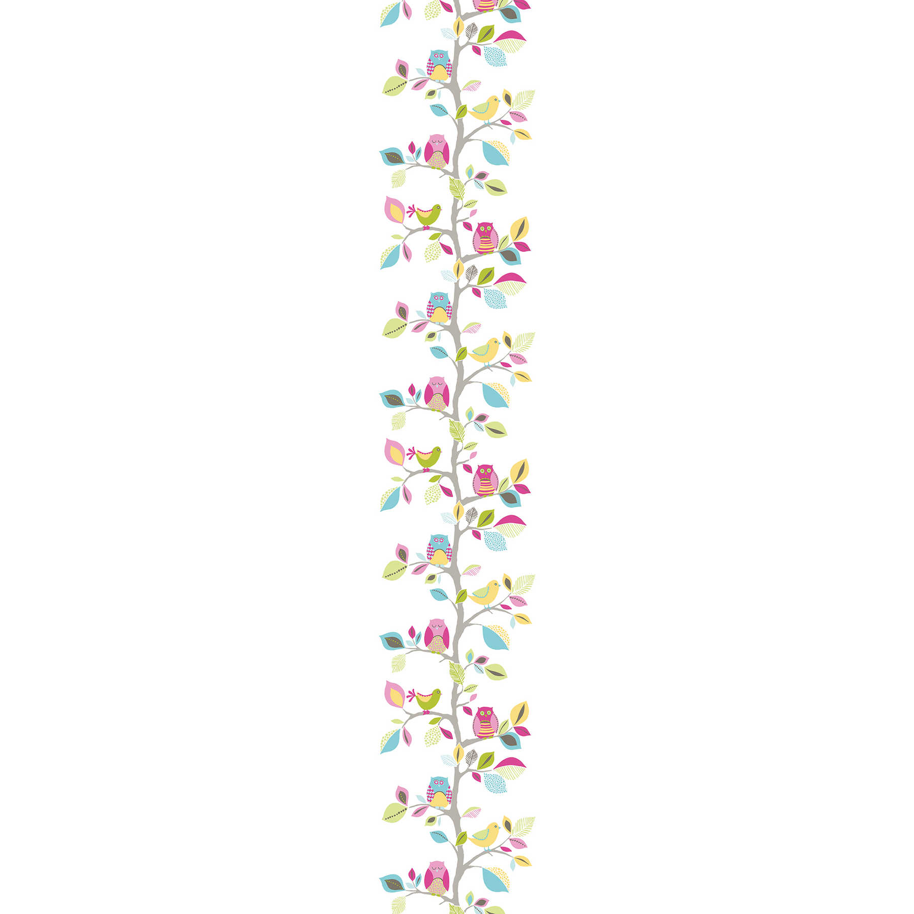         Wallpaper owls pattern with leaves & birds for Nursery - Colorful
    