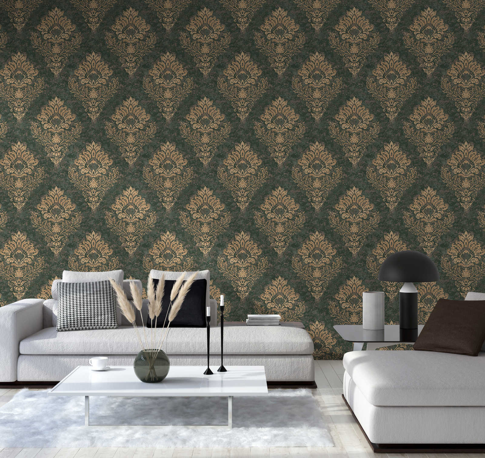 Papier peint ornemental avec style floral &amp; effet doré - beige, marron, vert