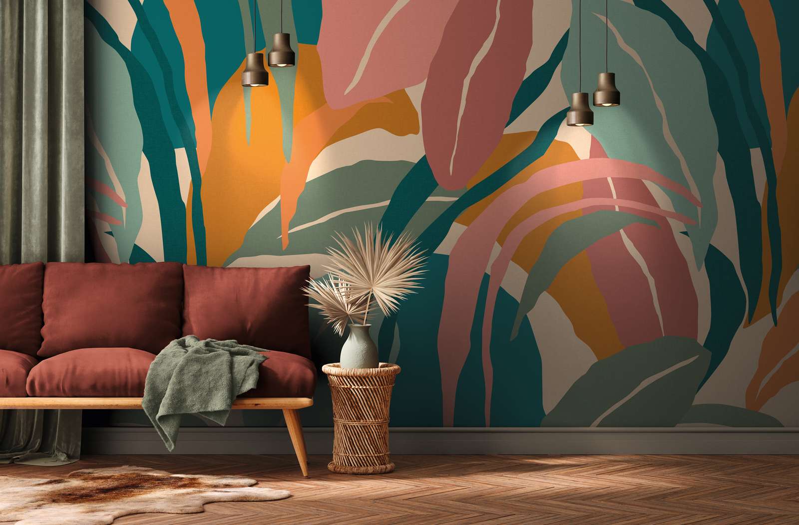             Fototapete mit Blattmuster abstrakt – Blau, Bunt – Mattes Glattvlies
        