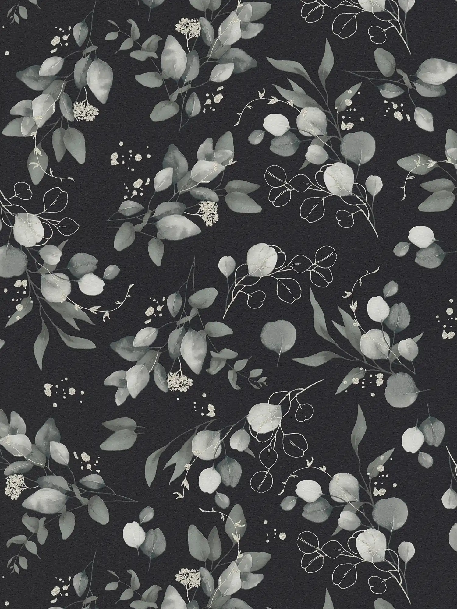             Glittering non-woven wallpaper with floral and tendril pattern - black, grey, silver
        