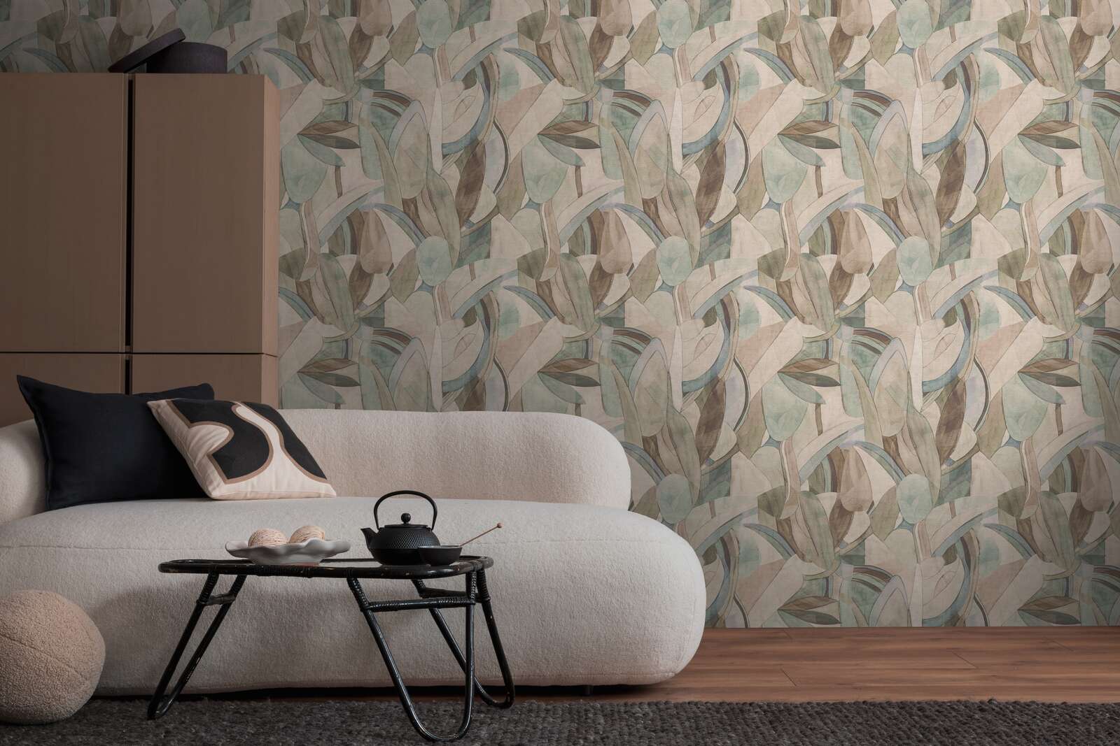             Moderne Vliestapete mit abstraktem Blättermuster, leichte Struktur – Bunt
        