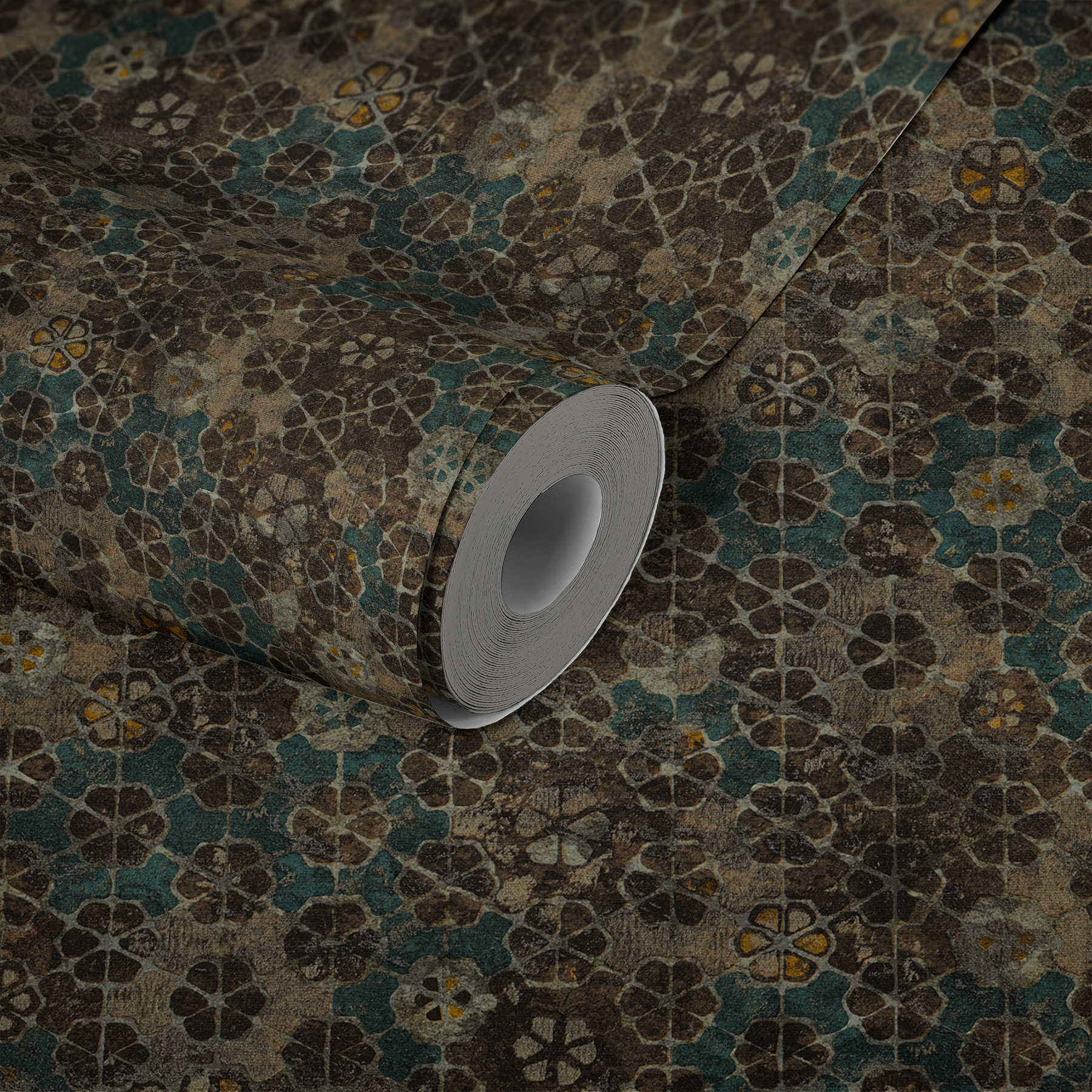             Vliesbehang tegellook met goudglans - bruin, groen
        