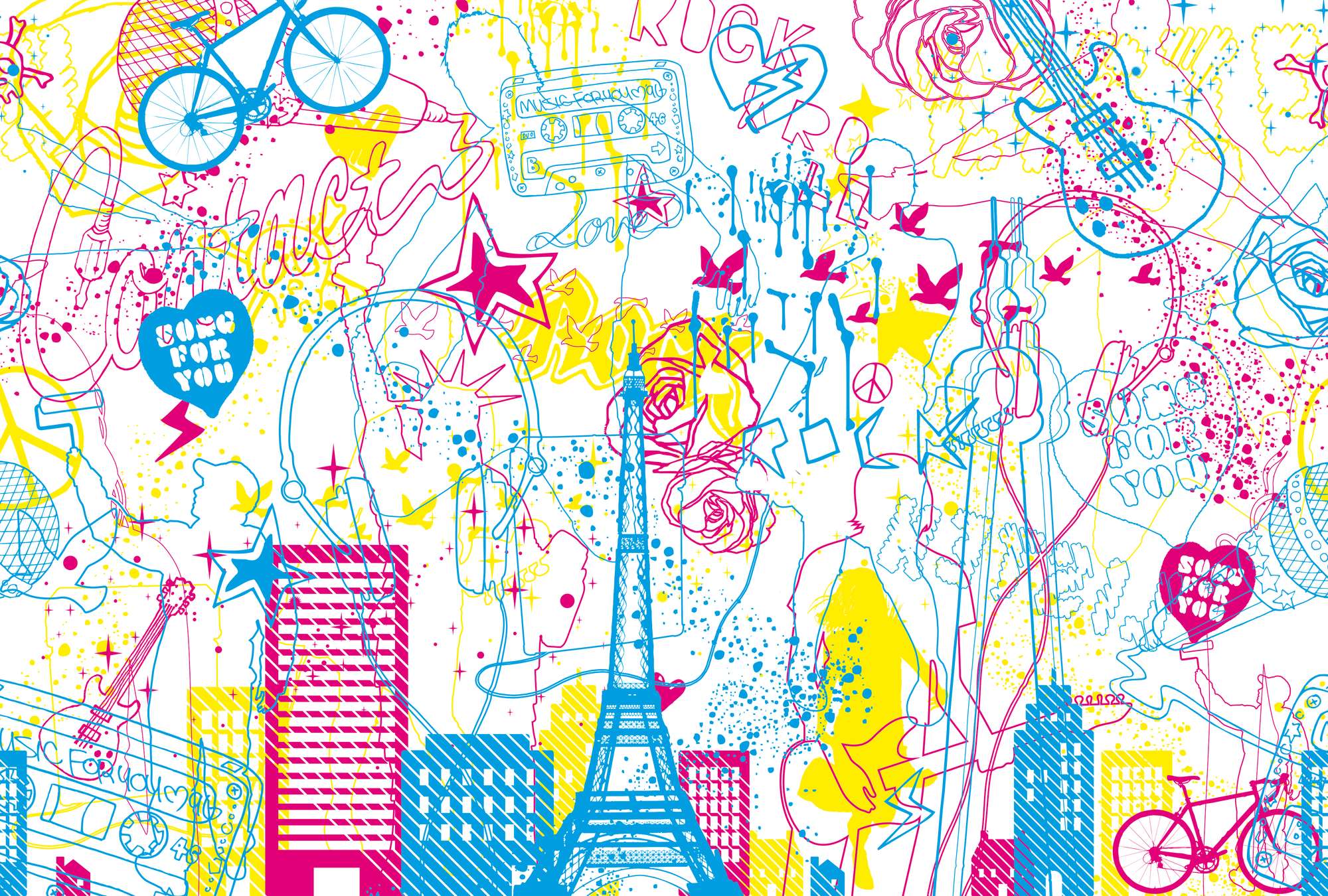 stadt, eiffelturm, street-art, bunte farben, musik-rahmen