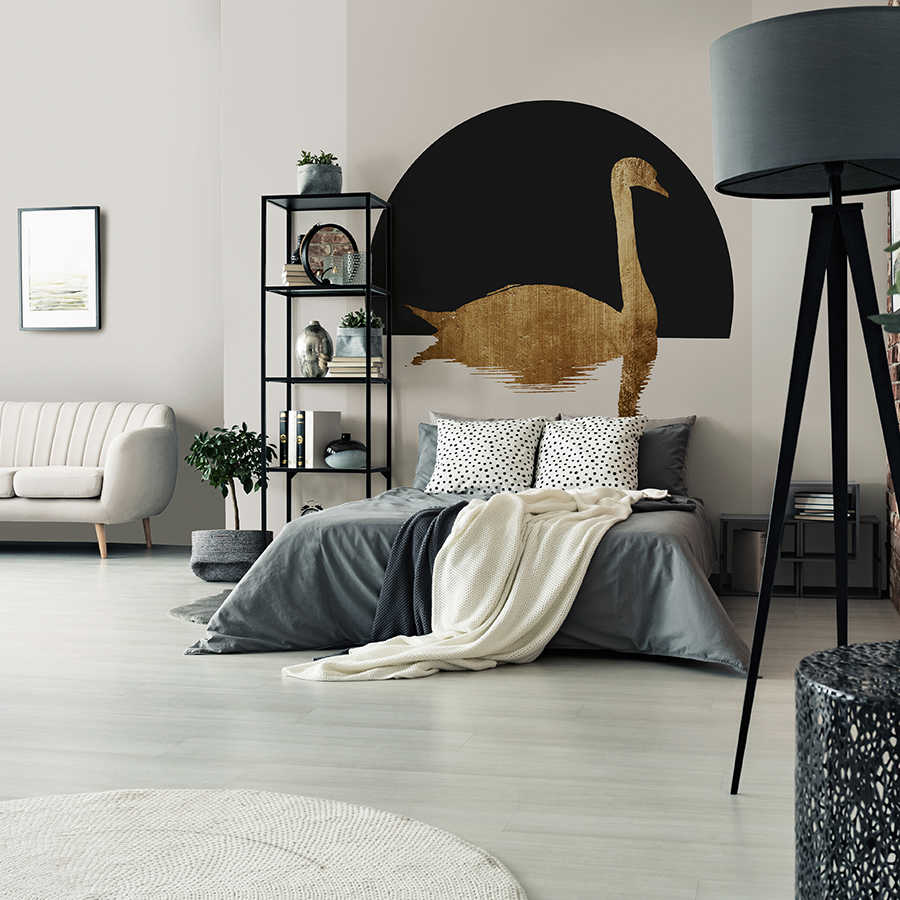 bettzimmer, wandkunst, doppelbett, grau, goldene vogel