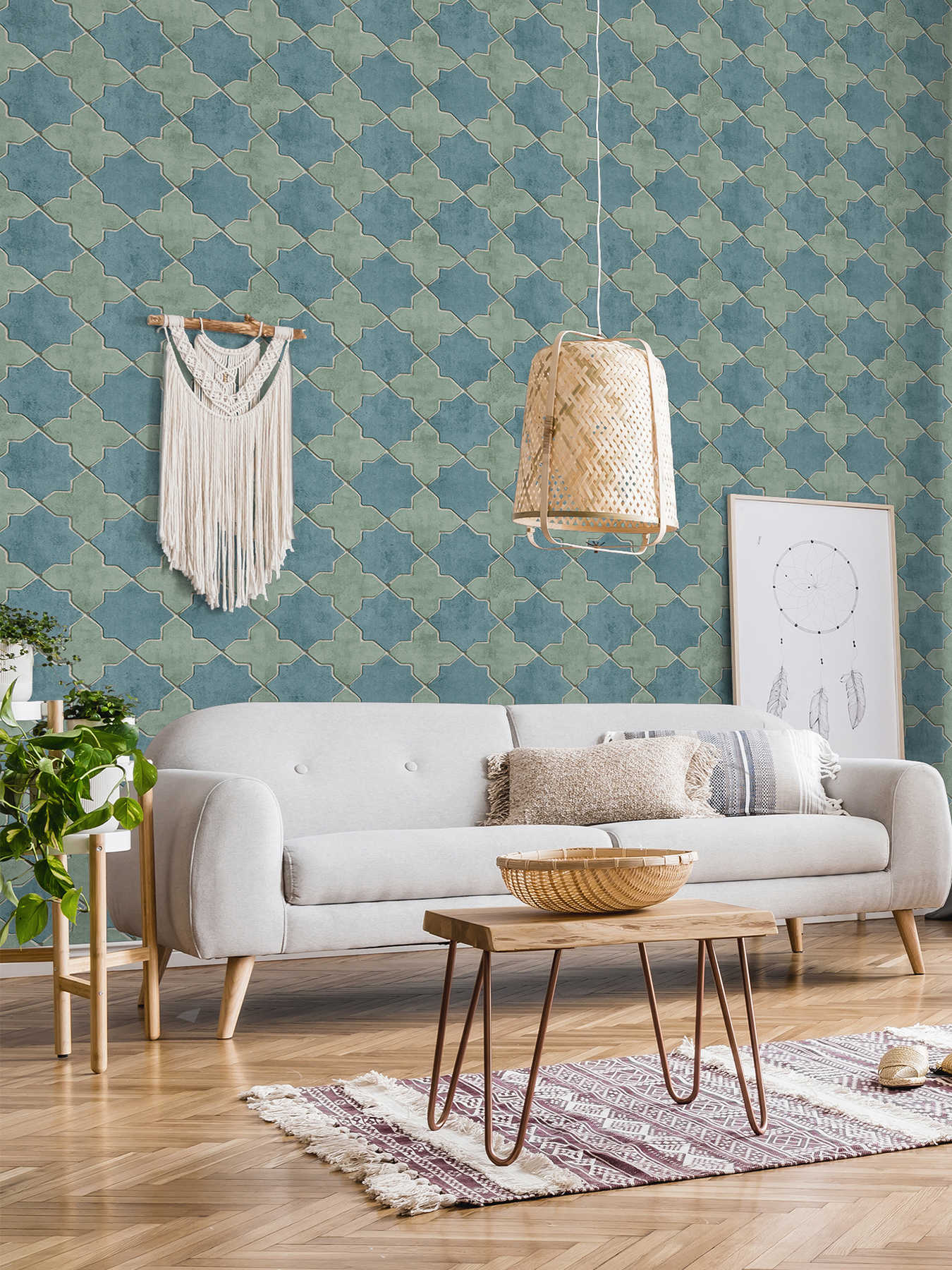             Fliesen-Tapete Mosaik-Optik – Blau, Grün, Beige
        