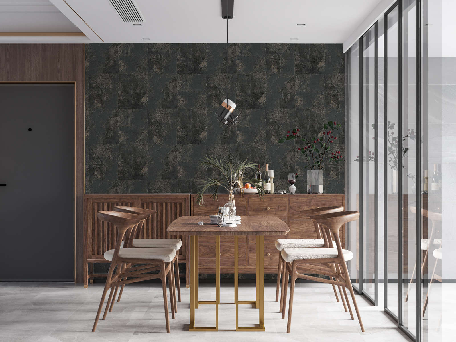             Metallic Tapete mit Grafik Dreieck-Muster glänzend strukturiert – Schwarz, Gold
        