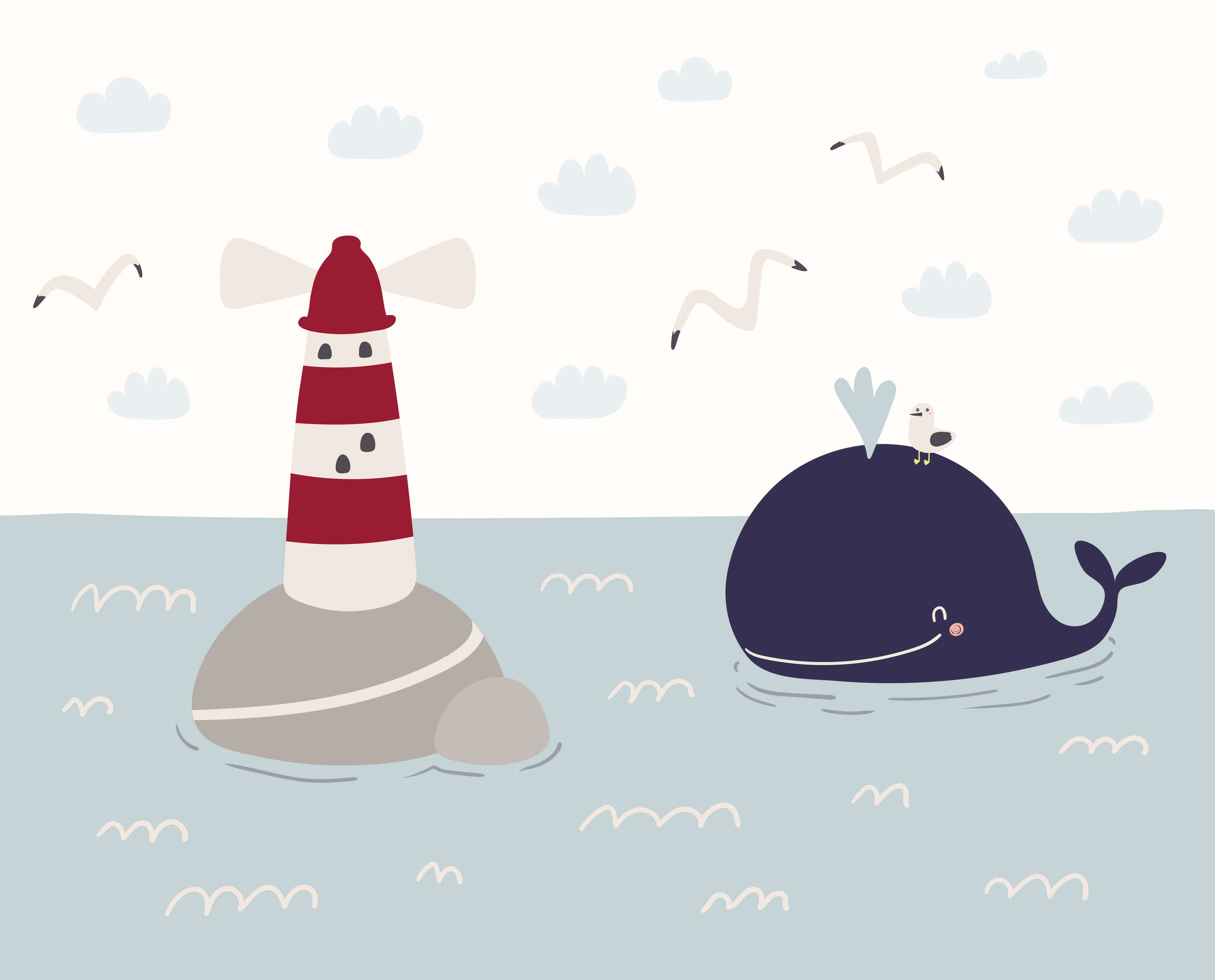             Fototapete fürs Kinderzimmer mit Leuchturm und Wal – Glattes & mattes Vlies
        