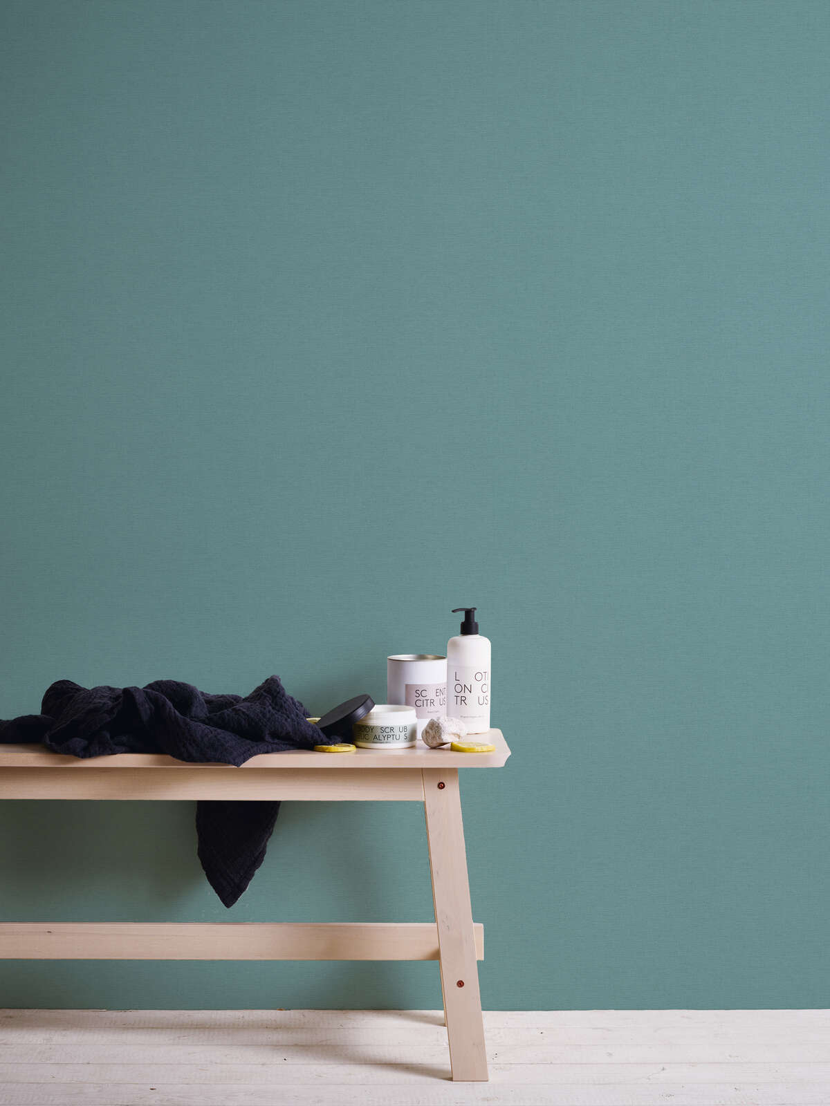             Türkisgrüne Tapete unifarben mit Leinenoptik & Gewebestruktur
        