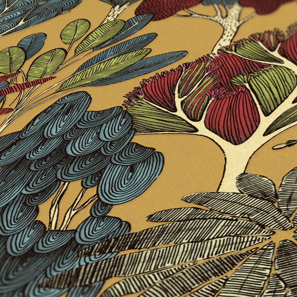             Tapete Senfgelb Bäume mit Doodle Design – Gelb, Rot, Blau
        