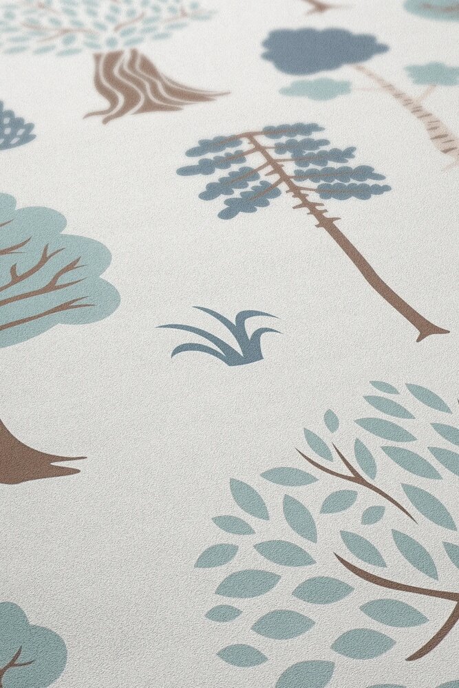 Vliestapete mit minimalen Wald-Motiv mit Bäumen – Creme, Grün, Braun