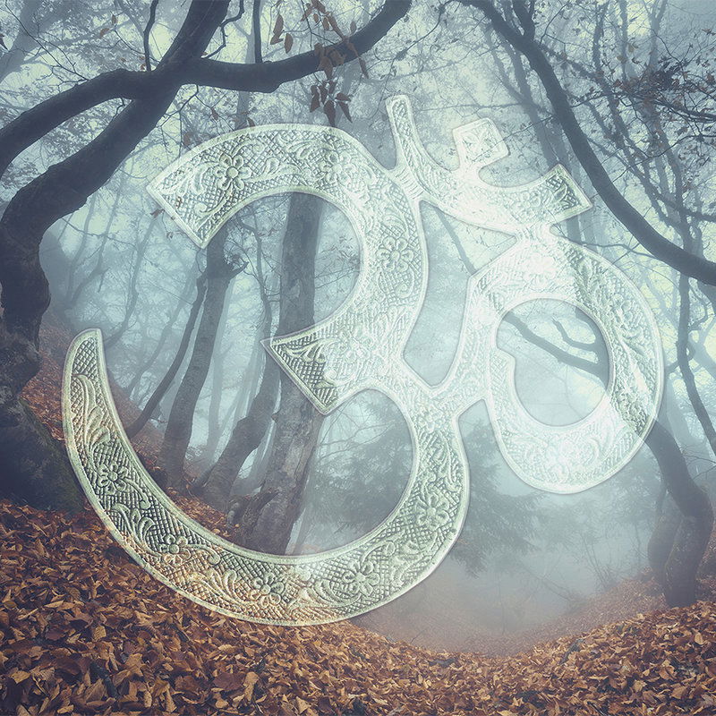             Ohm icon & leaf forest motif mural - blue, green, brown
        