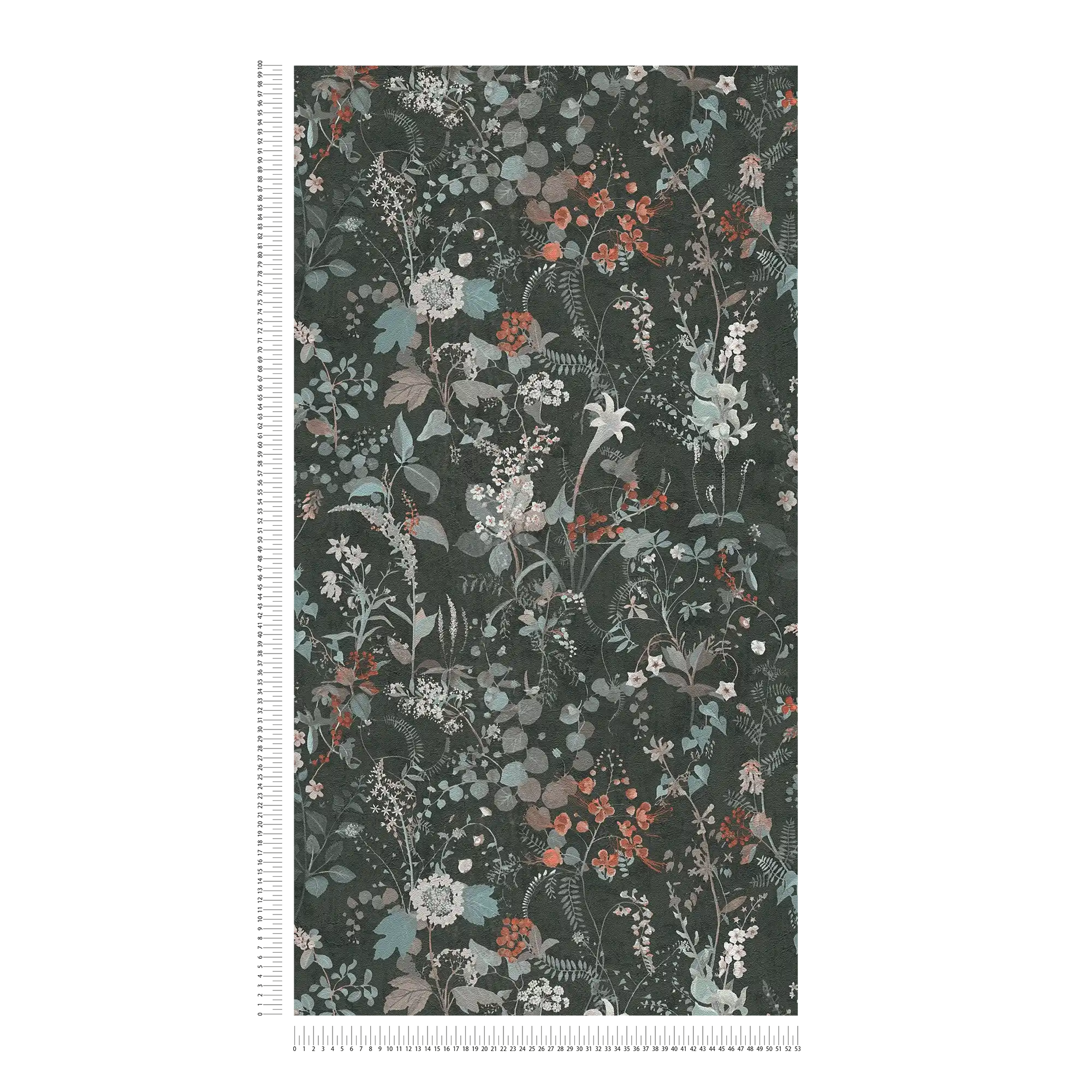             Schwarze Blumentapete mit Blüten Muster in Grau und Grün
        