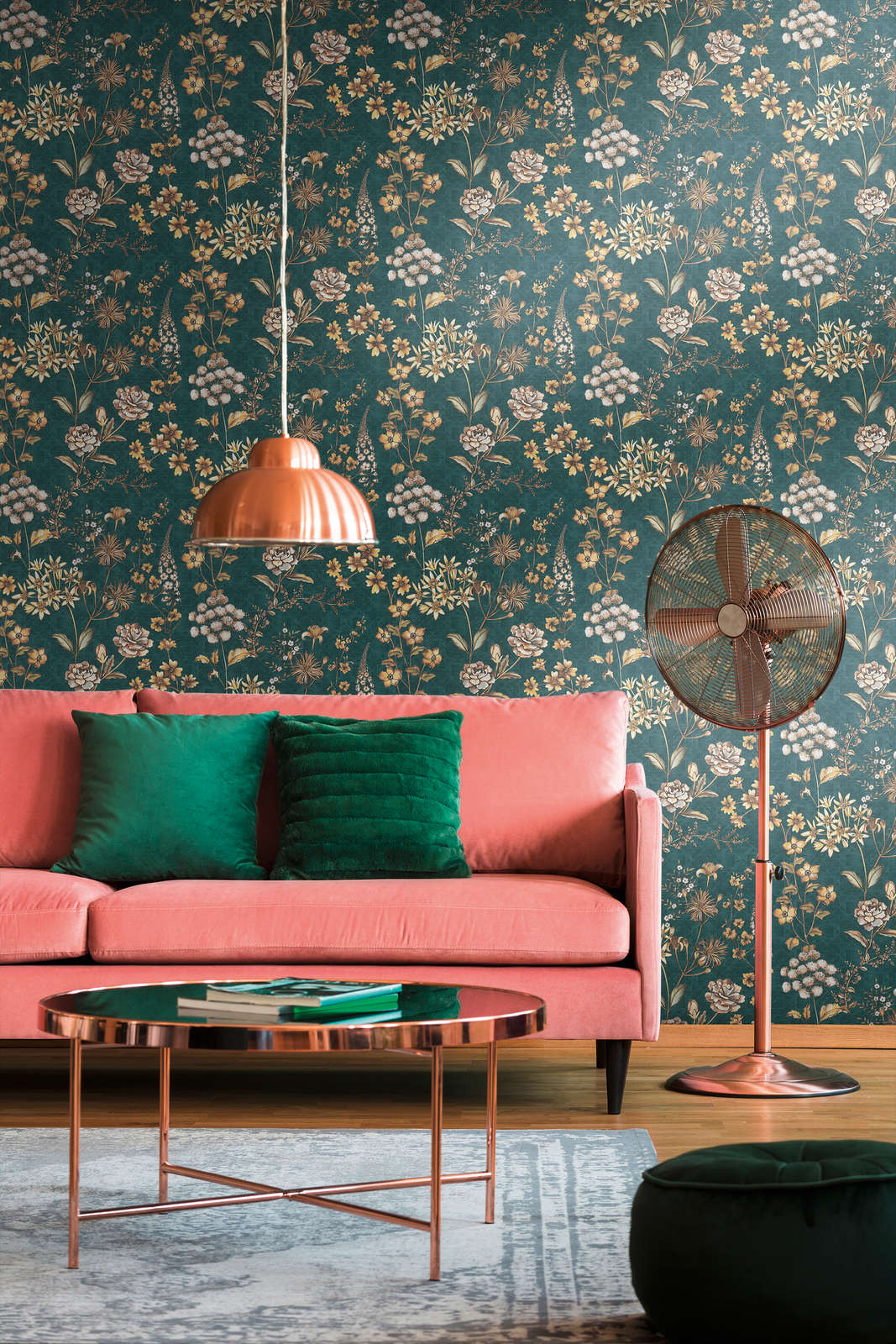 Florale Vliestapete mit Blumenmuster auf grafischen Hintergrund – Petrol, Orange, Gelb