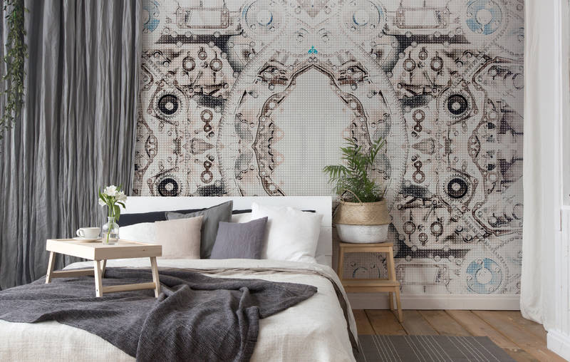             Technik Motiv Fototapete – Vliestapete im symmetrischen Mechanik Look – Grau, Weiß
        