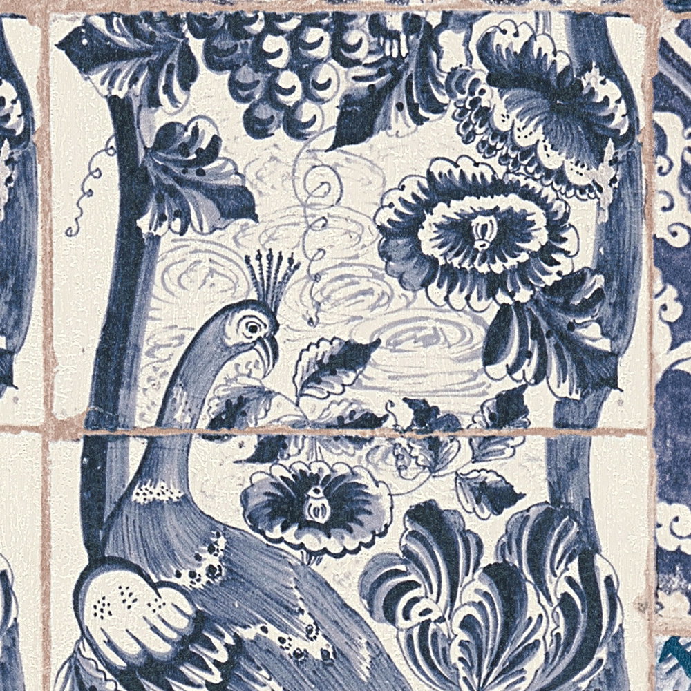             Tapete in Fliesen & Mosaik Design – Blau, Creme, Weiß
        