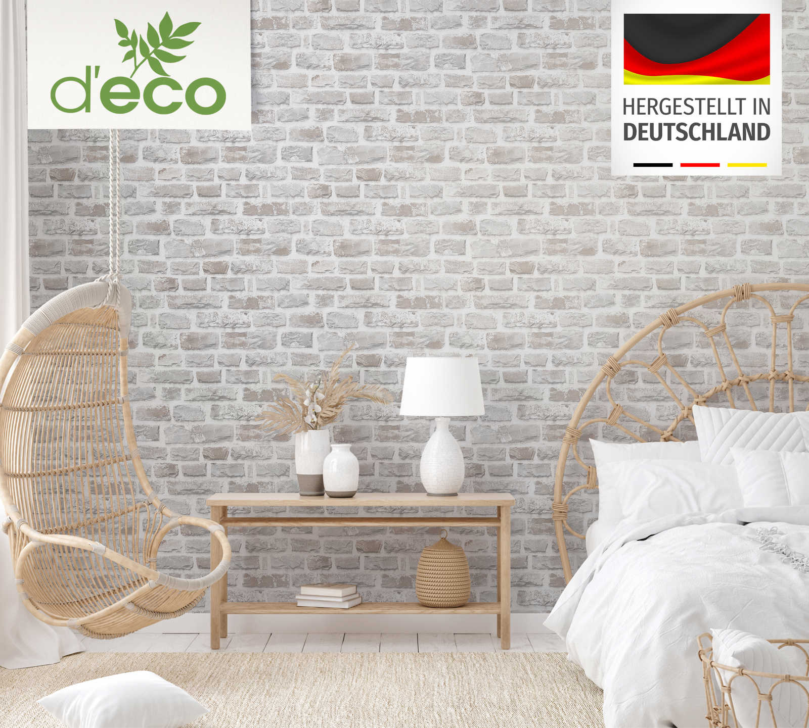             Vliestapete mit Natursteinmauer PVC-frei – Grau, Weiß
        