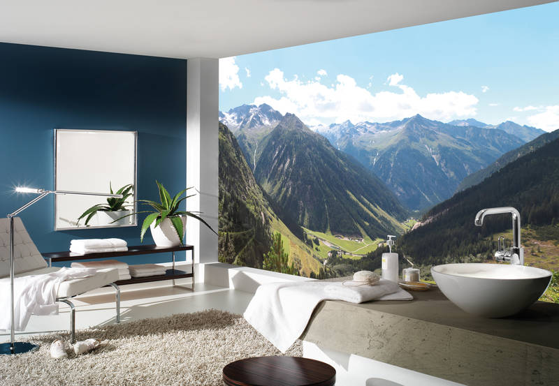 Badezimmer, Freistehende Badewanne, Bergsicht, Steinplatten, Badetücher