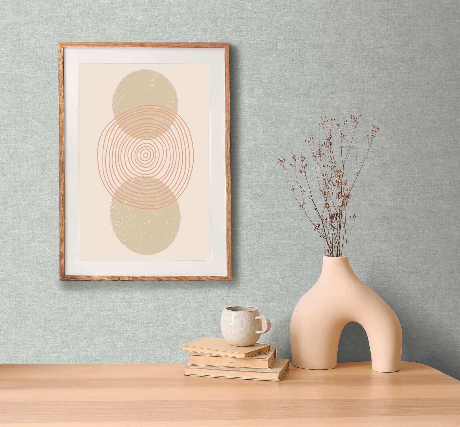 Abstrakte Kunst, Gerahmter Druck, Geometrische Kreise, Beige Töne, Dekorative Vase