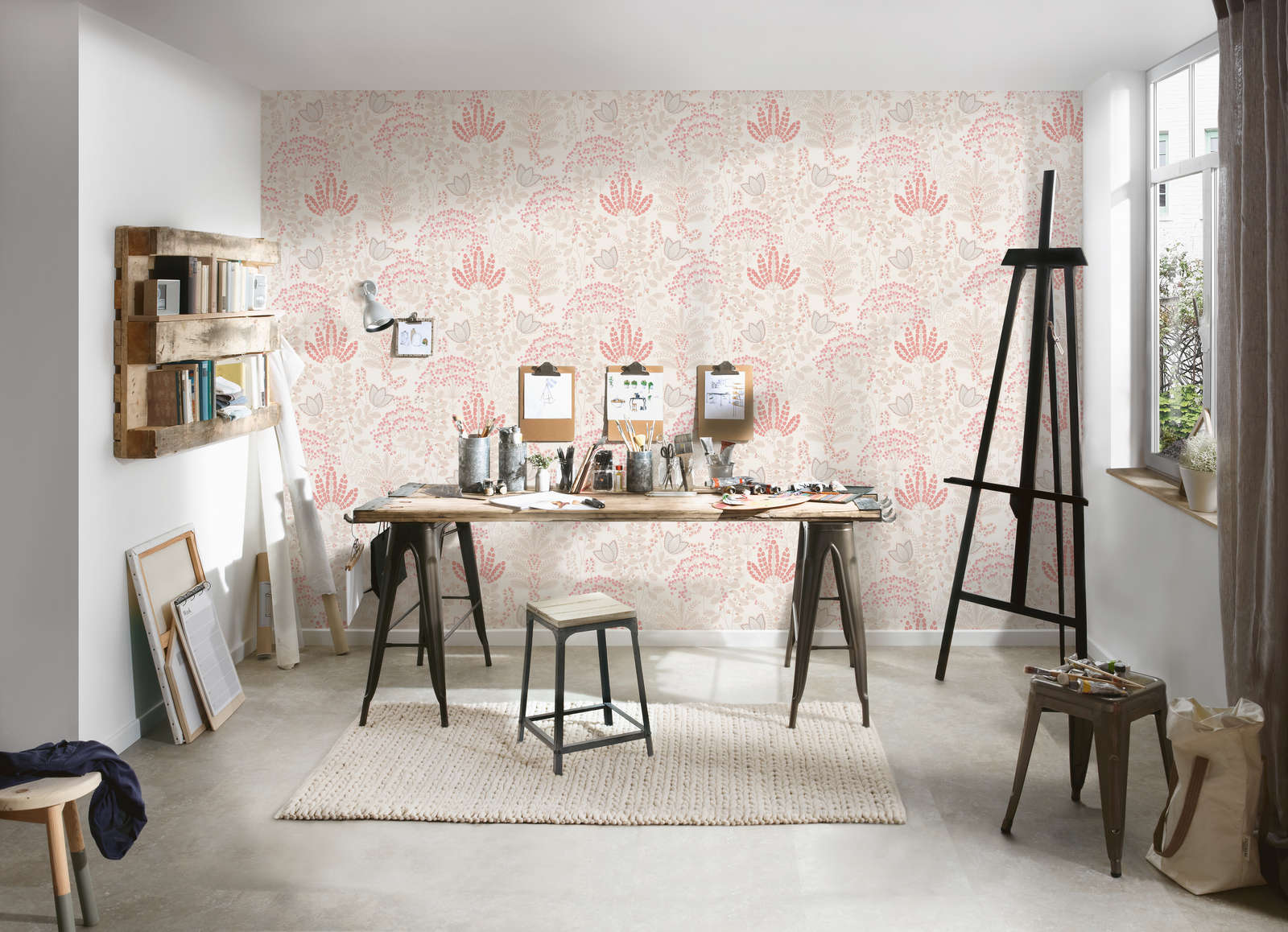             Florale Tapete mit Blättern im Retro-Design leicht strukturiert, matt – Weiß, Taupe, Rosa
        