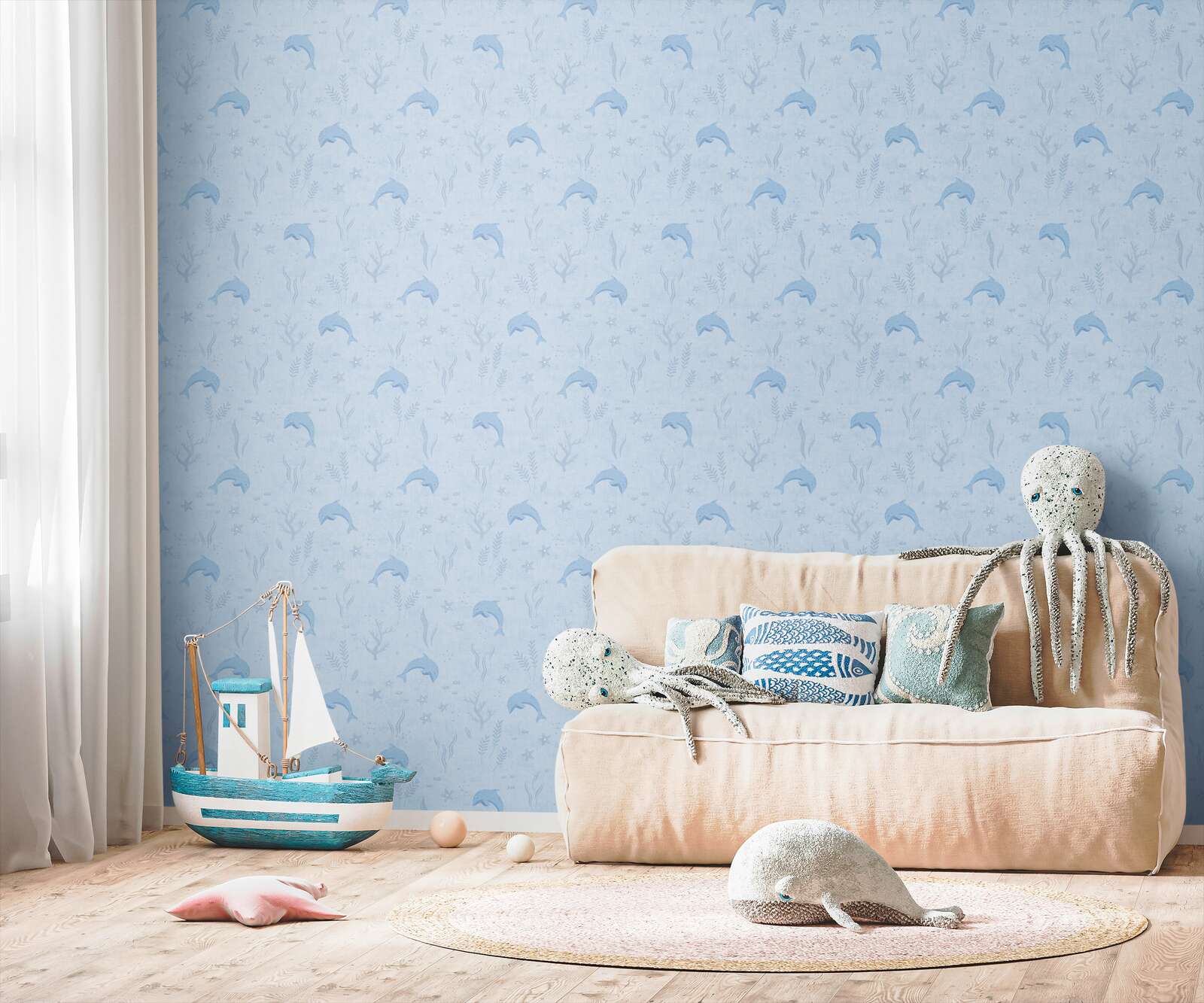             Kinderzimmer Vliestapete Unterwasserwelt - spielrisches Meeresmotiv mit Delfinen und Seesternen – Blau, Weiß
        