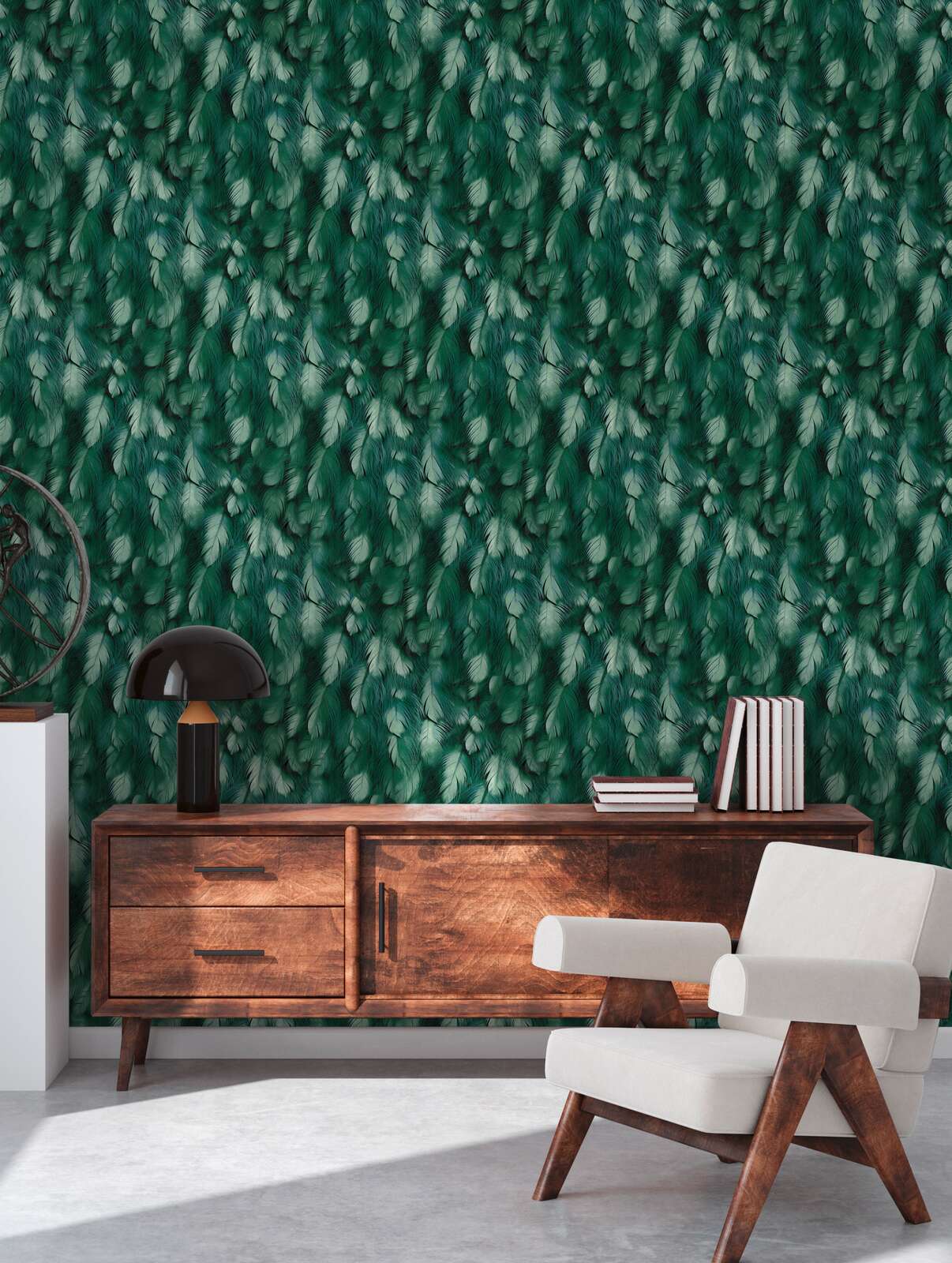             Elegante 3D Feder Design Vliestapete mit glatter Oberfläche – Grün
        