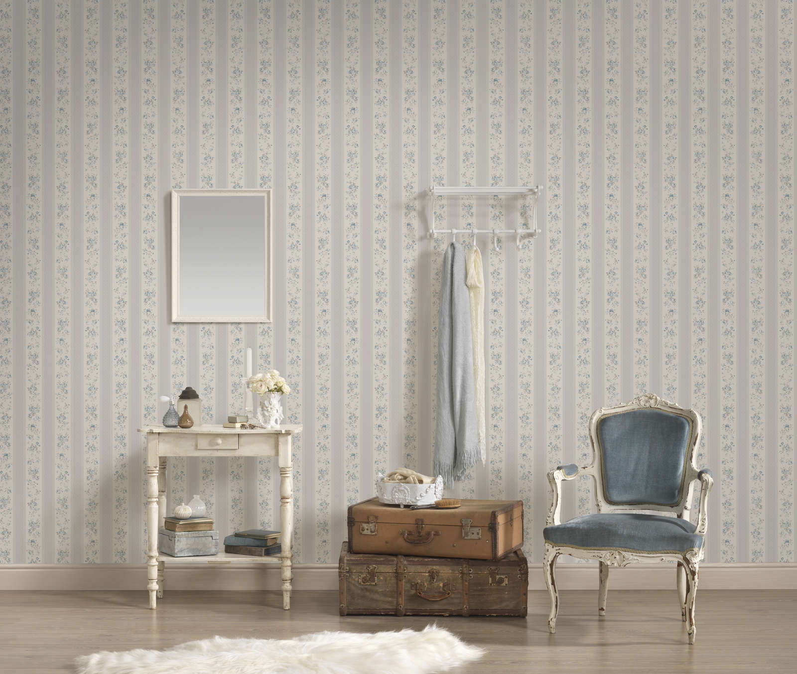 Vliestapete mit gepunkteten und floralen Streifen – Grau, Weiß, Blau