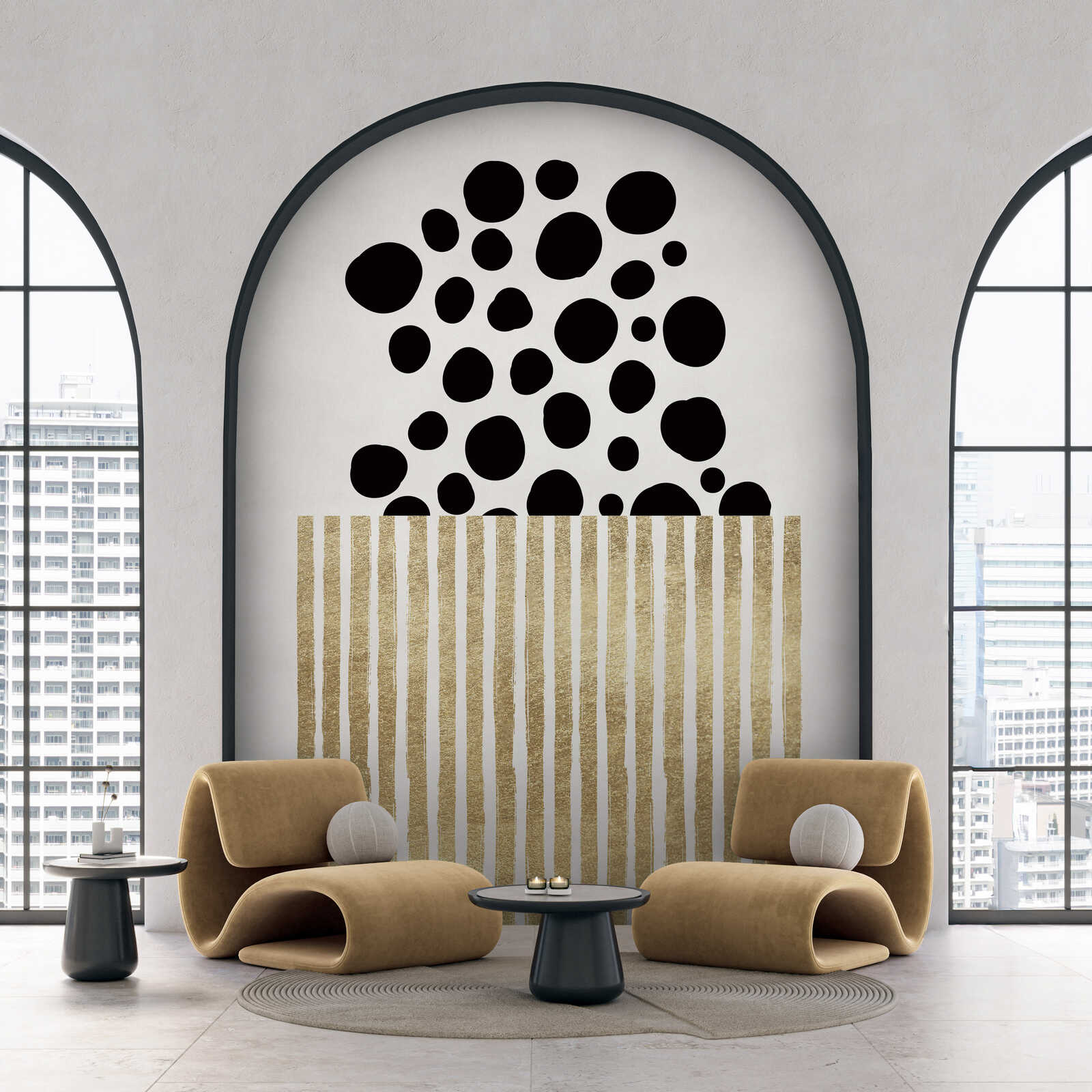 abstracte kunst, wand mural, schwarze kreise, goldene streifen, moderner innenraum