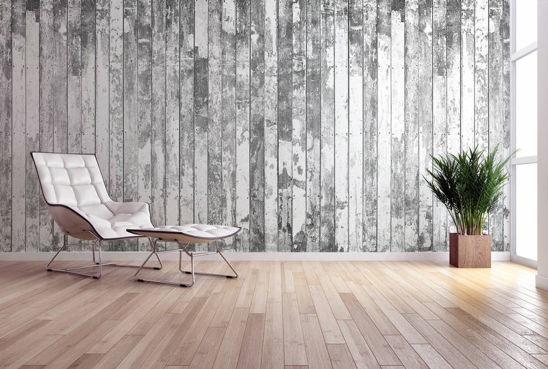             Rustikale Fototapete Vliestapete – Verwitterte Bretterwand im Shabby Chic Stil – Weiß, Grau
        