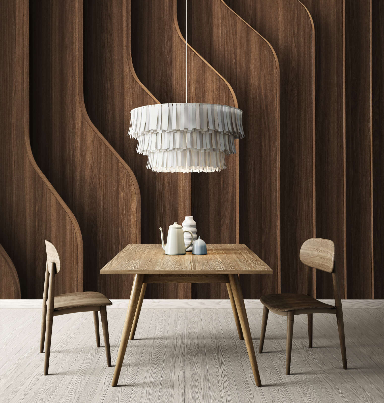 Holztisch, Holzstühle, Esstisch-Set, Hängelampe, Teekannen-Set