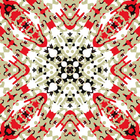 Kaleidoskopisches Muster, Mandala-Design, Roter Akzent, Beige-Grün-Kontrast, Textil-Pattern