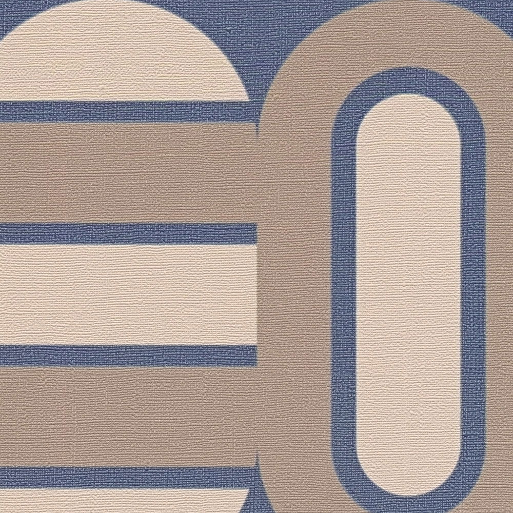             Mit Ovalen und Balken verzierte Tapete im Retro Stil – Blau, Braun, beige
        