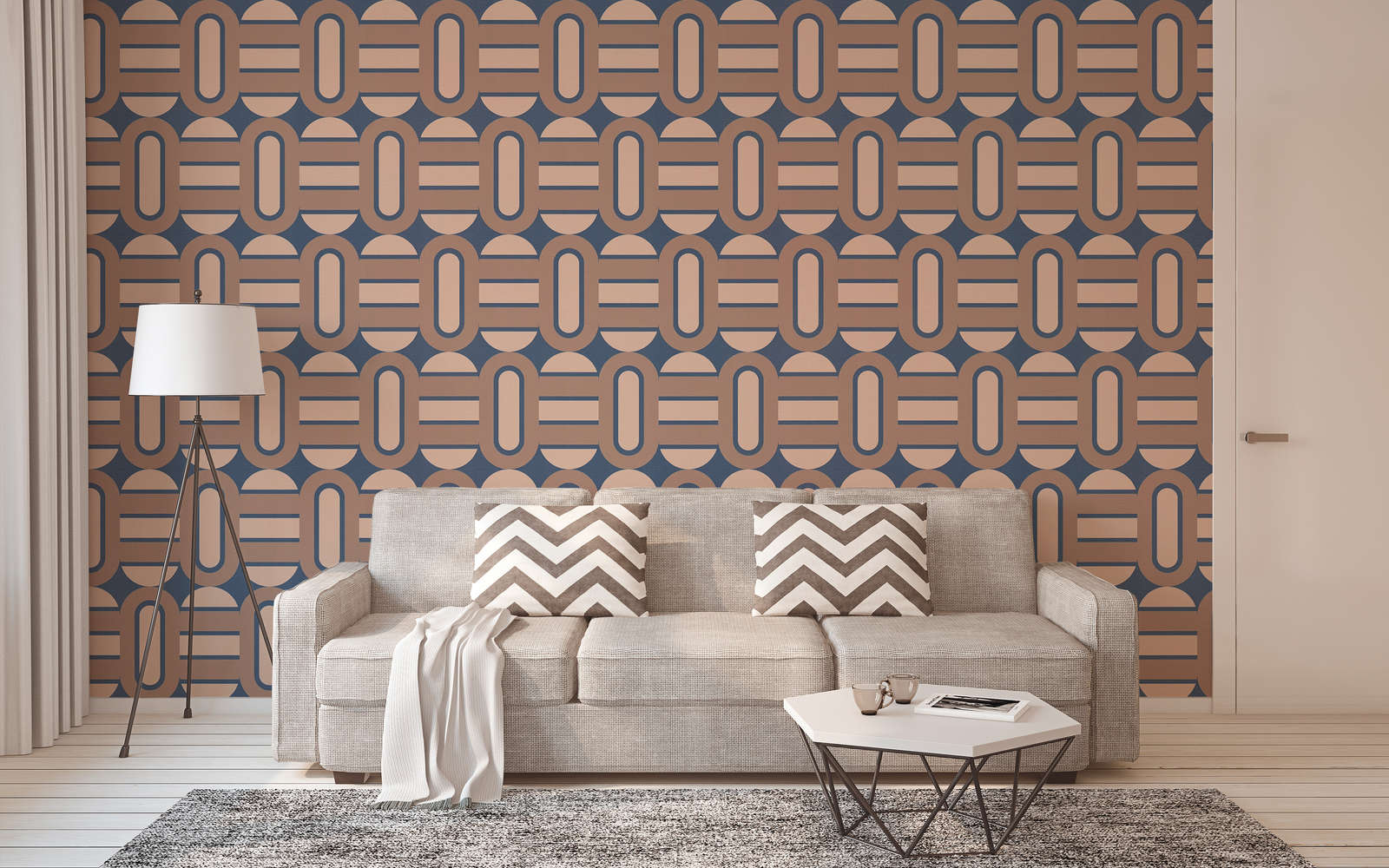             Mit Ovalen und Balken verzierte Tapete im Retro Stil – Blau, Braun, beige
        