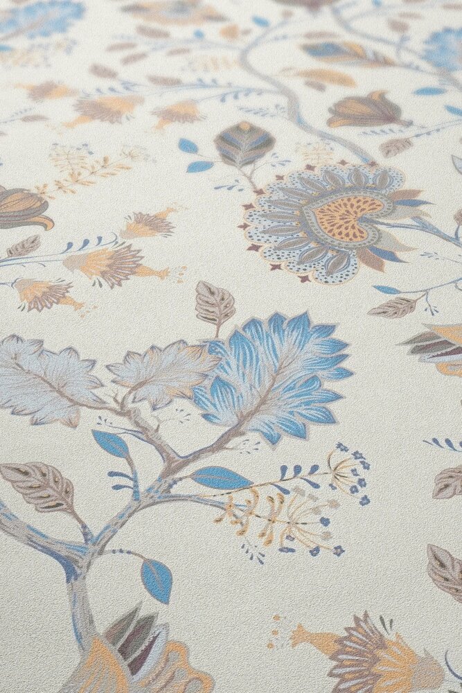             Vliestapete mit floralem Muster - Blau, Creme, Grau
        