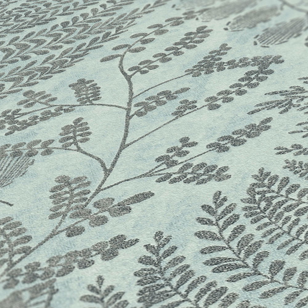             Skandi Tapete mit Blättermuster in Metallic – Blau, Grün
        